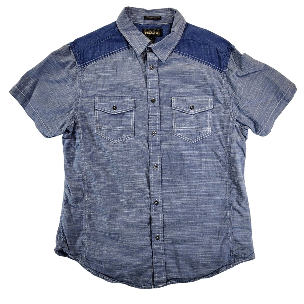 Helix Mens Large Blue Athletic Fit Short Sleeve Button Up Workwear Casual Shirt